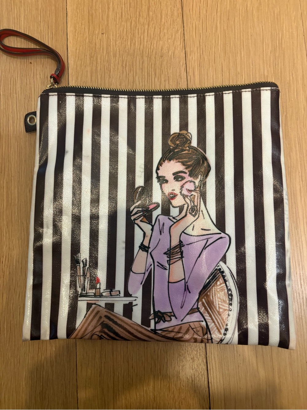 Henri Bendel Striped Cosmetic 3pc travel Pouch Set - brown & white - Picture 5 of 8